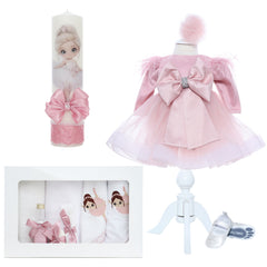 Set trusou complet pentru botez de fete, roz pudrat, model cu Balerina, 11 piese, Rochita, Lumanare cu balerina, trusou Brodat si pantofiori, REC2578
