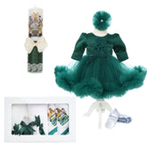 Set trusou complet pentru botez de fete, verde, model cu Safari, 11 piese, Rochita, Lumanare cu Safari, trusou brodat si pantofiori, REC2576
