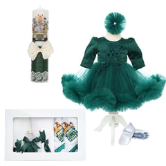 Set trusou complet pentru botez de fete, verde, model cu Safari, 11 piese, Rochita, Lumanare cu Safari, trusou brodat si pantofiori, REC2576