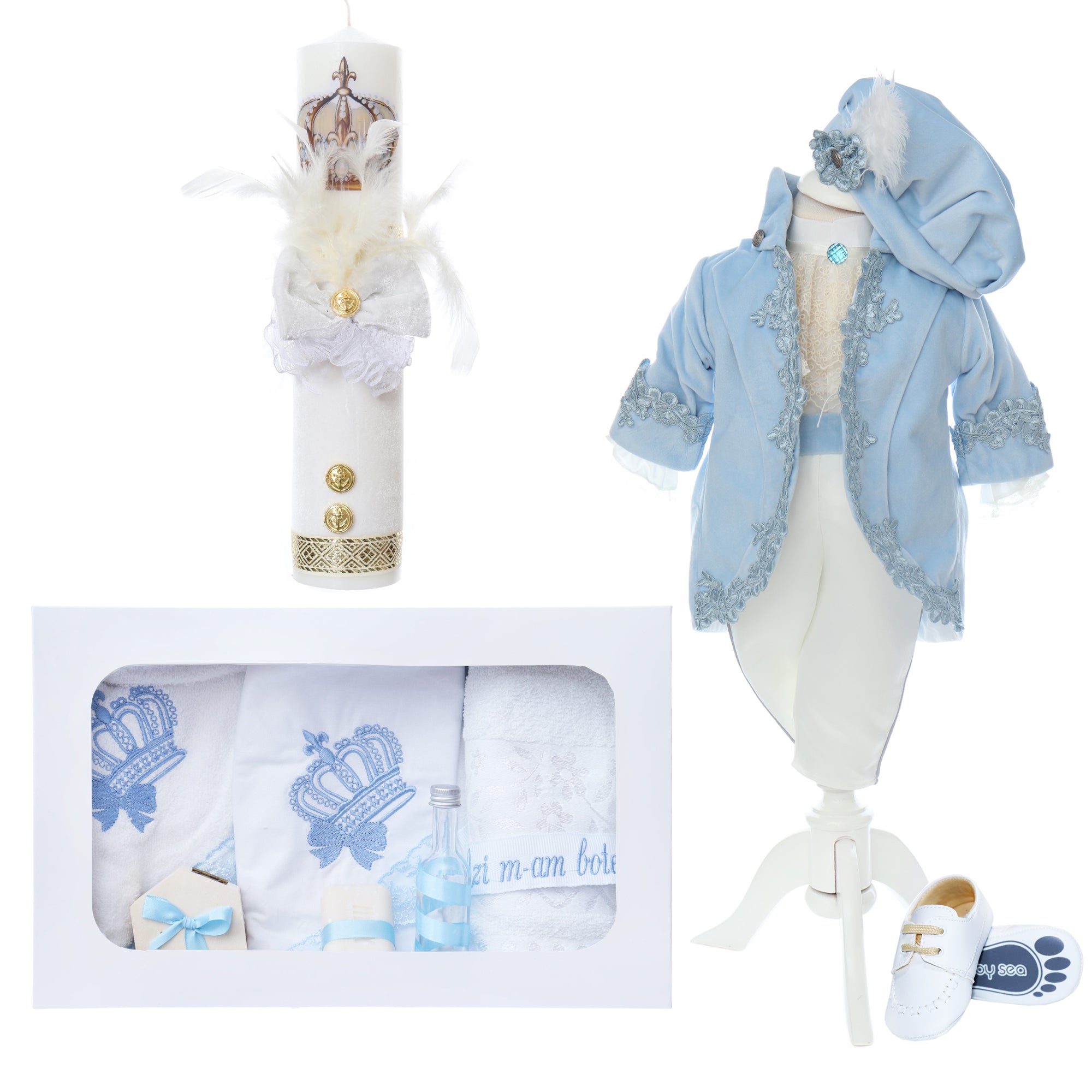 Trusou complet pentru botez de baieti, trusou brodat cu Coroana, lumanare cu Coroana, costum print si pantofiori, bleu, 14 piese, Recostore®, REC2661