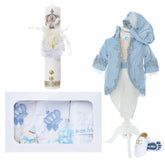 Trusou complet pentru botez de baieti, trusou brodat cu Coroana, lumanare cu Coroana, costum print si pantofiori, bleu, 14 piese, Recostore®, REC2661