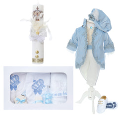 Trusou complet pentru botez de baieti, trusou brodat cu Coroana, lumanare cu Coroana, costum print si pantofiori, bleu, 14 piese, Recostore®, REC2661