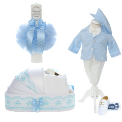 Trusou complet pentru botez de baieti, trusou simplu, lumanare cu "Radacini si aripi de la parinti", costum si pantofiori, bleu, 15 piese, Recostore®, REC2650