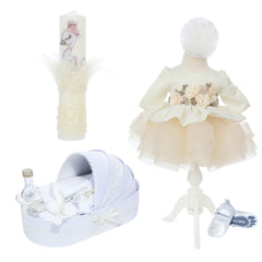 Set trusou complet pentru botez de fete, Ivoire, model Lebada, 10 piese, Rochita cu turban, Lumanare cu Lebada, trusou brodat "azi m-am crestinat" si pantofiori, Recostore®, REC2567