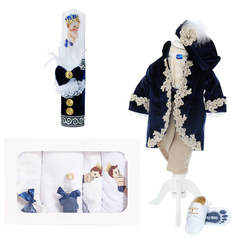 Trusou complet pentru botez de baieti, trusou brodat cu bebe print, lumanare cu bebe print, costum si pantofiori, bleumarin, 14 piese, Recostore®, REC2651