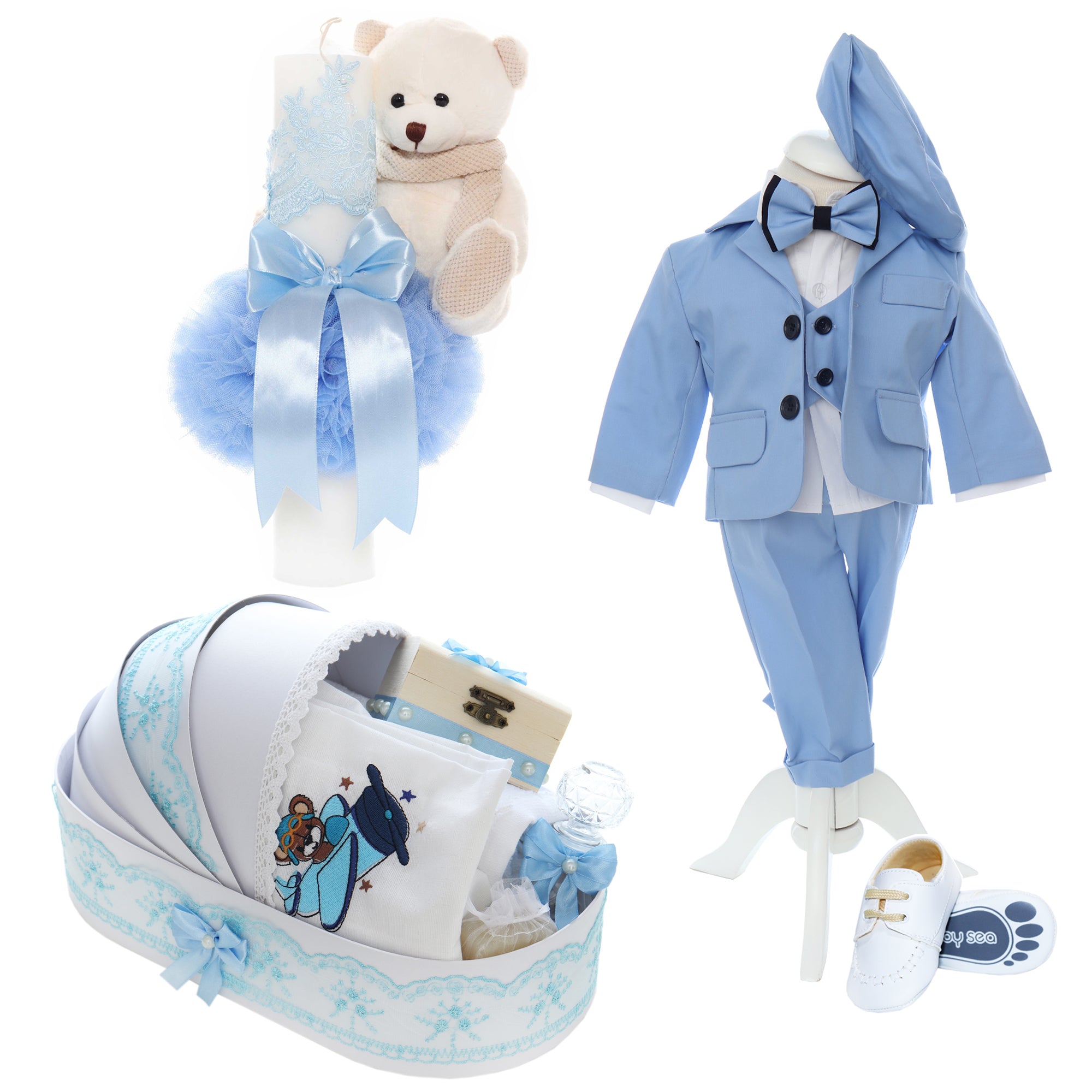 Trusou complet pentru botez de baieti, trusou brodat cu Ursulet, lumanare cu ursulet, costum si pantofiori, bleu, 15 piese, Recostore®, REC2649