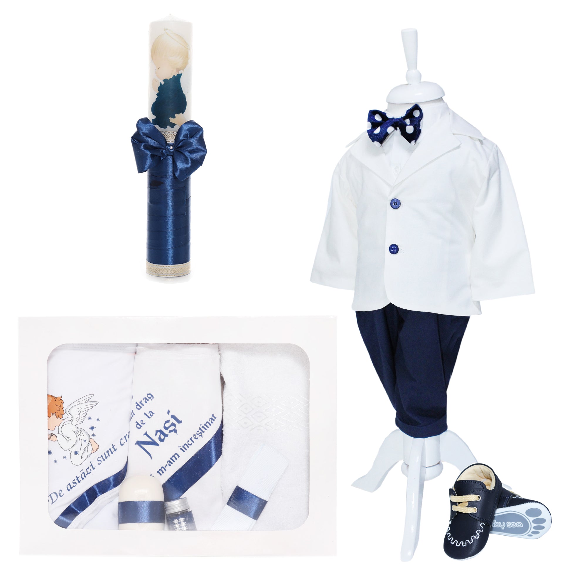 Trusou complet pentru botez de baieti personalizat cu ingeras, trusou, lumanare, costum si pantofiori, bleumarin, 13 piese, Recostore®, REC2674