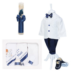 Trusou complet pentru botez de baieti personalizat cu ingeras, trusou, lumanare, costum si pantofiori, bleumarin, 13 piese, Recostore®, REC2674