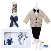 Trusou complet pentru botez de baieti, model cu Ursulet, trusou brodat cu ursulet, lumanare cu ursulet, costum crem si pantofiori, Bleumarin, 14 piese, Recostore®, REC2644