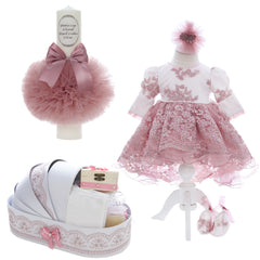 Trusou complet pentru botez de fete, trusou simplu, lumanare cu radacini si aripi de la parinti, rochita si pantofiori, roz pudrat, 12 piese, Recostore®, REC2681