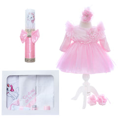 Trusou complet pentru botez de fete personalizat cu Pisicuta Marie, trusou,  lumanare, rochita cu bentita si pantofiori, roz, 10 piese,  Recostore®, REC2695