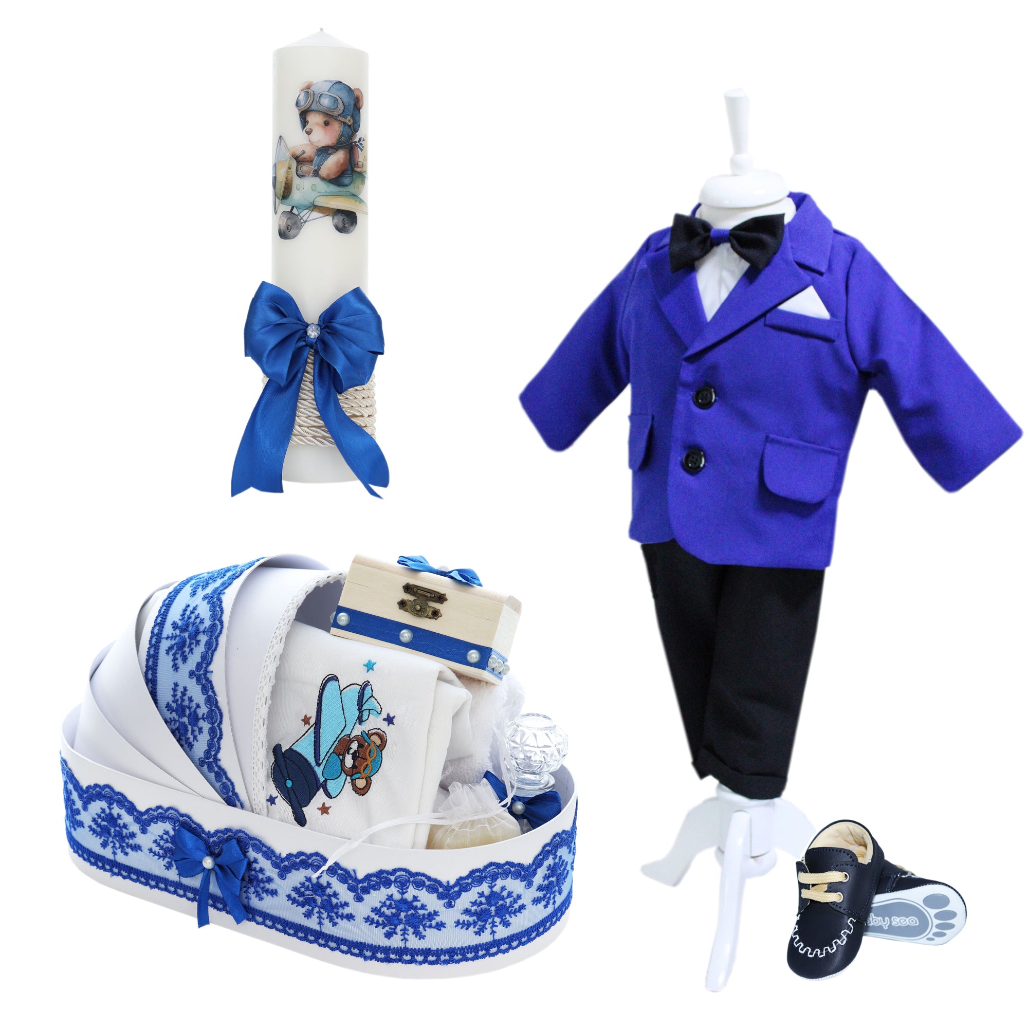 Trusou complet pentru botez de baieti, trusou brodat ursulet, lumanare cu ursulet, costum si pantofiori, albastru electric, 15 piese, Recostore®, REC2656