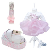 Trusou complet pentru botez de fete personalizat cu balerina, trusou brodat, lumanare, rochita cu bentita si pantofiori, roz, 12 piese, Recostore®, REC2693