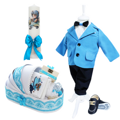 Trusou complet pentru botez de baieti, trusou brodat cu ursulet, lumanare cu ursulet, costum si pantofiori, turcoaz, 15 piese, Recostore®, REC2666