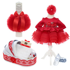 Trusou complet pentru botez de fete, trusou simplu, lumanare, rochita cu bentita si pantofiori, rosu, 12 piese, Recostore®, REC2691