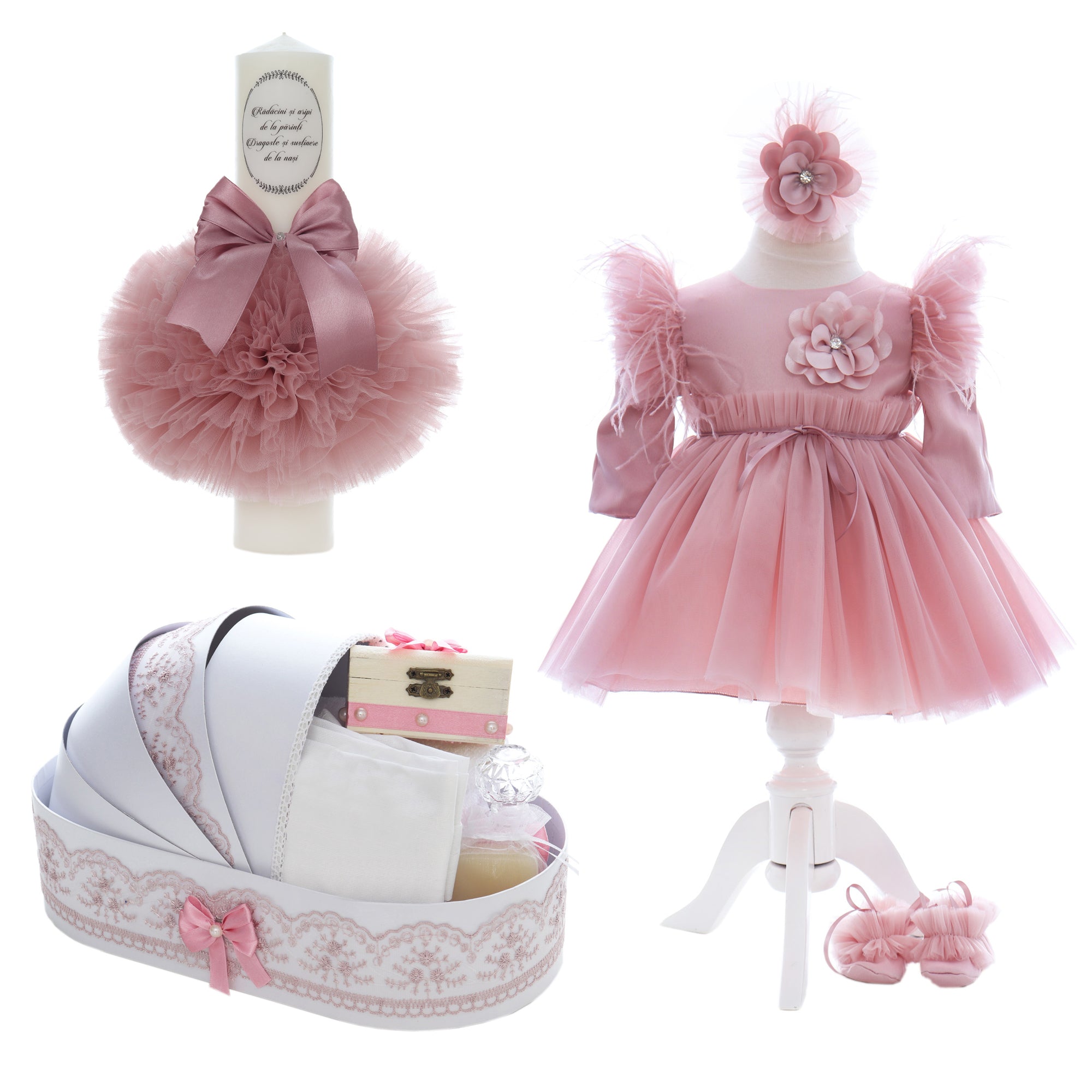 Trusou complet pentru botez de fete, trusou, lumanare, rochita cu bentita si pantofiori, roz pudrat, 12 piese, Recostore®, REC2683