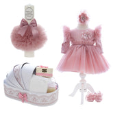 Trusou complet pentru botez de fete, trusou, lumanare, rochita cu bentita si pantofiori, roz pudrat, 12 piese, Recostore®, REC2683