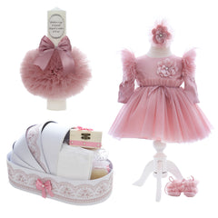 Trusou complet pentru botez de fete, trusou, lumanare, rochita cu bentita si pantofiori, roz pudrat, 12 piese, Recostore®, REC2683