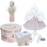 Trusou complet pentru botez de fete personalizat cu Lebada, trusou brodat, lumanare, rochita cu bolero, turban si pantaloni si pantofiori, roz pudrat, 14 piese, Recostore®, REC2736