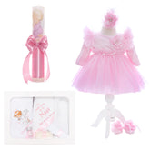 Trusou complet pentru botez de fete personalizat cu ingeras, trusou, lumanare, rochita cu bentita si pantofiori, roz, 10 piese, Recostore®, REC2703