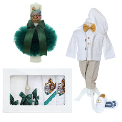 Trusou complet pentru botez de baieti, trusou brodat safari, lumanare cu Safari, costum si pantofiori, verde-crem, 14 piese, Recostore®, REC2657