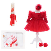 Trusou complet pentru botez de fete personalizat cu ingeras, trusou, lumanare, rochita cu bentita si pantofiori, rosu, 10 piese, Recostore®, REC2682