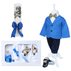 Set trusou complet pentru botez de baieti, albastru electric, model Ursulet, 14 piese, Costum, Lumanare cu Ursulet, trusou brodat si pantofiori, Recostore®, REC2572