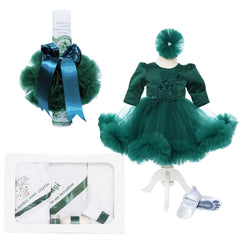 Set trusou complet pentru botez de fete, verde, model cu ingeras, 10 piese, Rochita, Lumanare cu radacini si aripi, trusou imprimat si pantofiori, Recostore®, REC2575