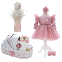 Trusou complet pentru botez de fete personalizat cu Lebada, trusou brodat, lumanare, rochita si pantofiori, roz pudrat, 12 piese, Recostore®, REC2678