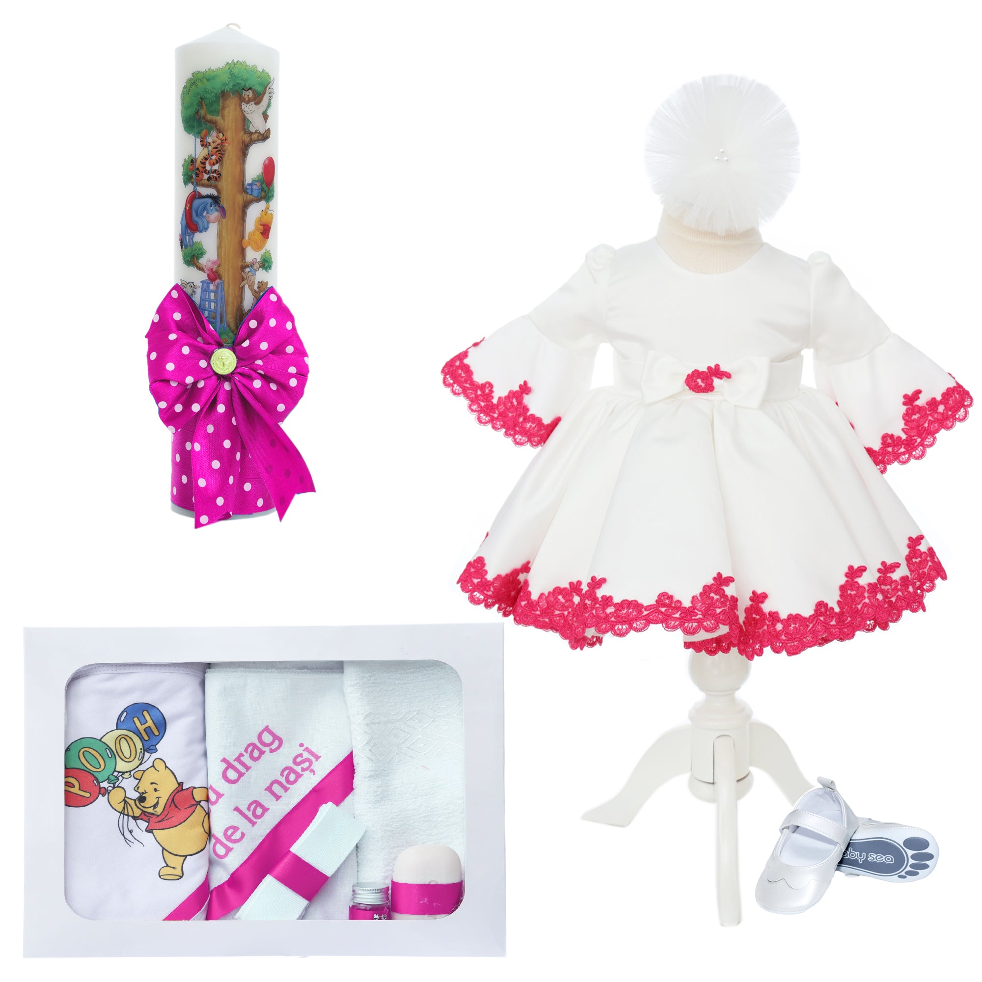 Set trusou complet pentru botez de fete, ciclam, model cu Winnie The Pooh, 10 piese, Rochita, Lumanare cu Winnie The Pooh, trusou imprimat si pantofiori, REC2577