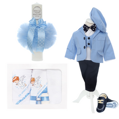 Trusou complet pentru botez de baieti, model cu ingeras, trusou imprimat, lumanare cu "Radacini si aripi de la parinti", costum si pantofiori, bleu, 13 piese, Recostore®, REC2646