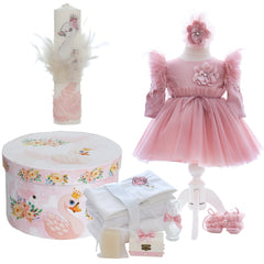 Trusou complet pentru botez de fete personalizat cu lebada, trusou brodat, lumanare, rochita cu bentita si pantofiori, roz pudrat, 12 piese, Recostore®, REC2692