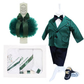 Trusou complet pentru botez de baieti, trusou imprimat cu ingeras, lumanare cu "radacini si aripi de la parinti", costum si pantofiori, verde, 13 piese, Recostore®, REC2663