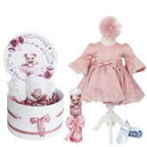 Trusou complet pentru botez de fete personalizat cu Ursulica, lumanare cu Ursulica, rochita,12 piese, roz pudrat, Recostore®, REC2763