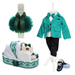 Trusou complet pentru botez de baieti, trusou simplu, lumanare cu "Radacini si aripi de la parinti", costum si pantofiori, verde-verde menta, 15 piese, Recostore®, REC2672
