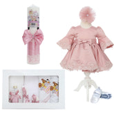 Set trusou complet pentru botez de fete, Roz pudrat, model Safari, 11 piese, Rochita, Lumanare cu Safari, trusou brodat si pantofiori, REC2569