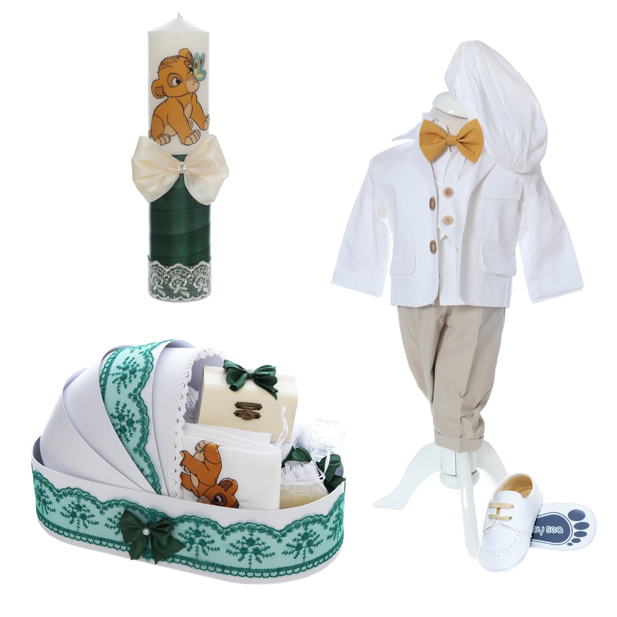 Trusou complet pentru botez de baieti, Model brodat cu Simba, Trusou tip landou, lumanare costum si pantofiori, verde, 15 piese, Recostore®, REC2639