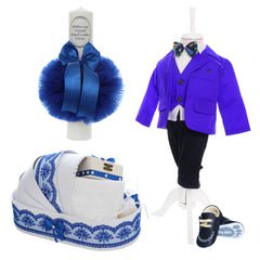 Trusou complet pentru botez de baieti, trusou simplu, lumanare cu "Radacini si aripi de la parinti" costum si pantofiori, albastru electric, 15 piese, Recostore®, REC2676