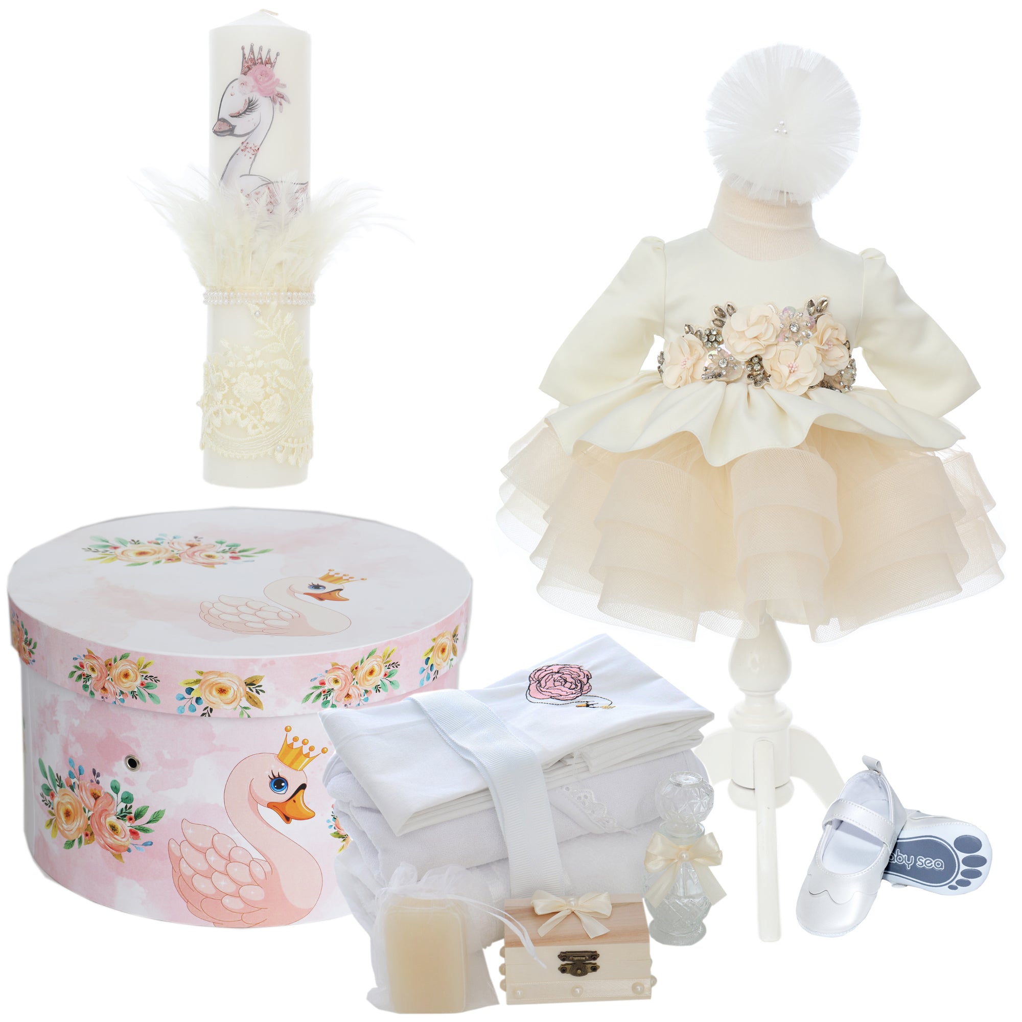 Trusou complet pentru botez de fete personalizat cu lebada, trusou brodat, lumanare, rochita cu bentita si pantofiori, ivoire, 12 piese, Recostore®, REC2702