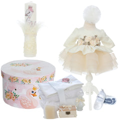 Trusou complet pentru botez de fete personalizat cu lebada, trusou brodat, lumanare, rochita cu bentita si pantofiori, ivoire, 12 piese, Recostore®, REC2702