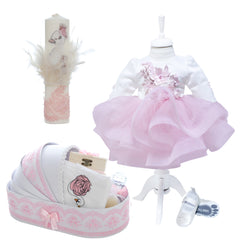 Trusou complet pentru botez de fete personalizat cu lebada, trusou brodat, lumanare, rochita cu bentita si pantofiori, roz-roz pudrat, 12 piese, Recostore®, REC2689