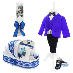 Trusou complet pentru botez de baieti personalizat cu Ursuletul aviator, trusou brodat, lumanare, costum si pantofiori, albastru electric, 15 piese, Recostore®, REC2673