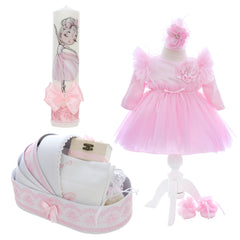 Trusou complet pentru botez de fete personalizat cu Balerina, trusou brodat, lumanare, rochita si pantofiori, roz, 12 piese, Recostore®, REC2680