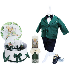 Set trusou complet pentru botez de baieti, verde, model Safari, 15 piese, Costum, Lumanare cu Safari, trusou imprimat si pantofiori, Recostore®, REC2597