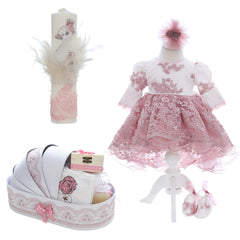 Trusou complet pentru botez de fete personalizat cu lebada, trusou, lumanare, rochita cu bentita si pantofiori, roz pudrat, 12 piese, Recostore®, REC2684