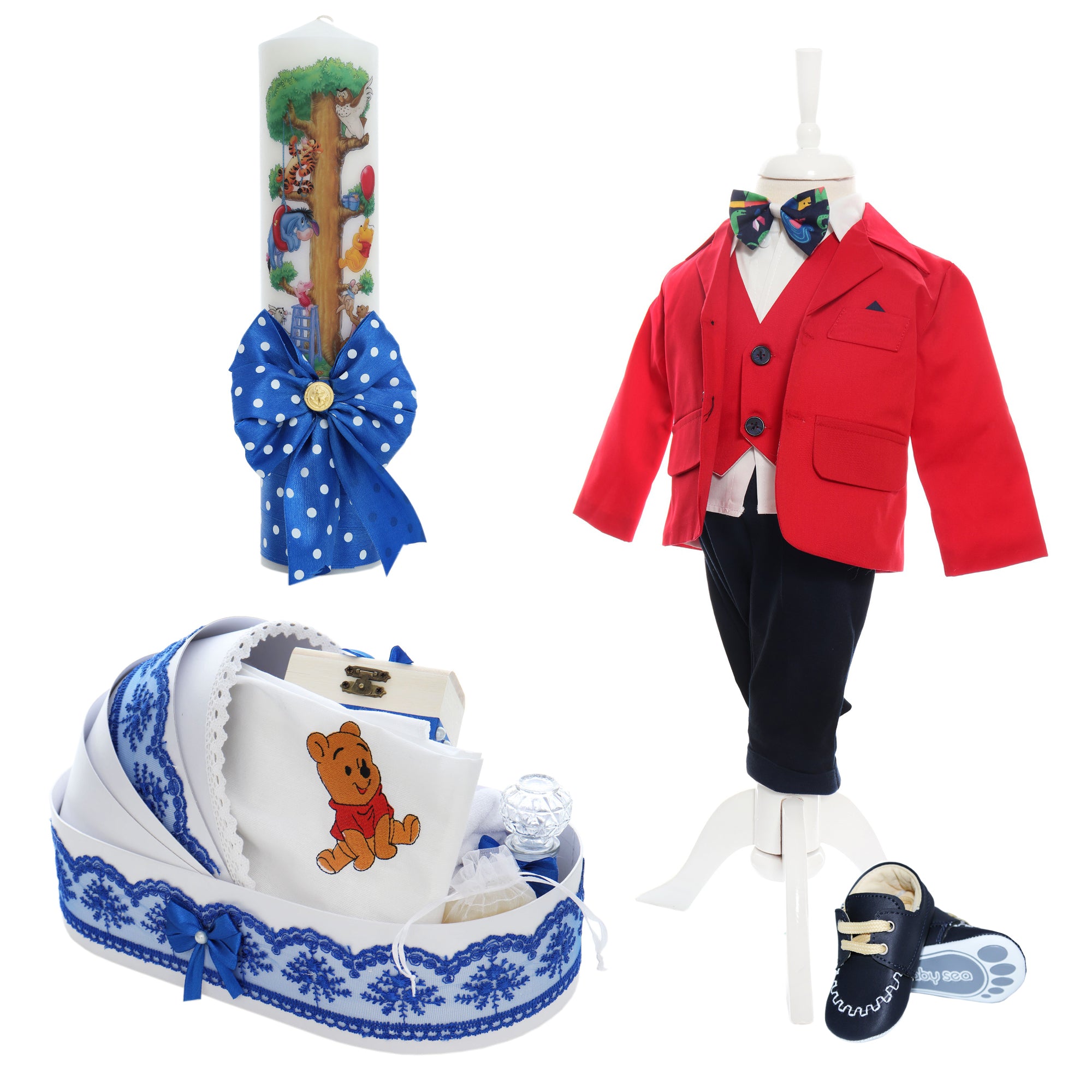 Trusou complet pentru botez de baieti personalizat cu Winnie The Pooh, Trusou brodat, lumanare, costum si pantofiori, rosu-albastru electric, 15 piese, Recostore®, REC2671