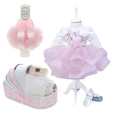 Trusou complet pentru botez de fete, trusou, lumanare, rochita cu bentita si pantofiori, roz, 12 piese, Recostore®, REC2685