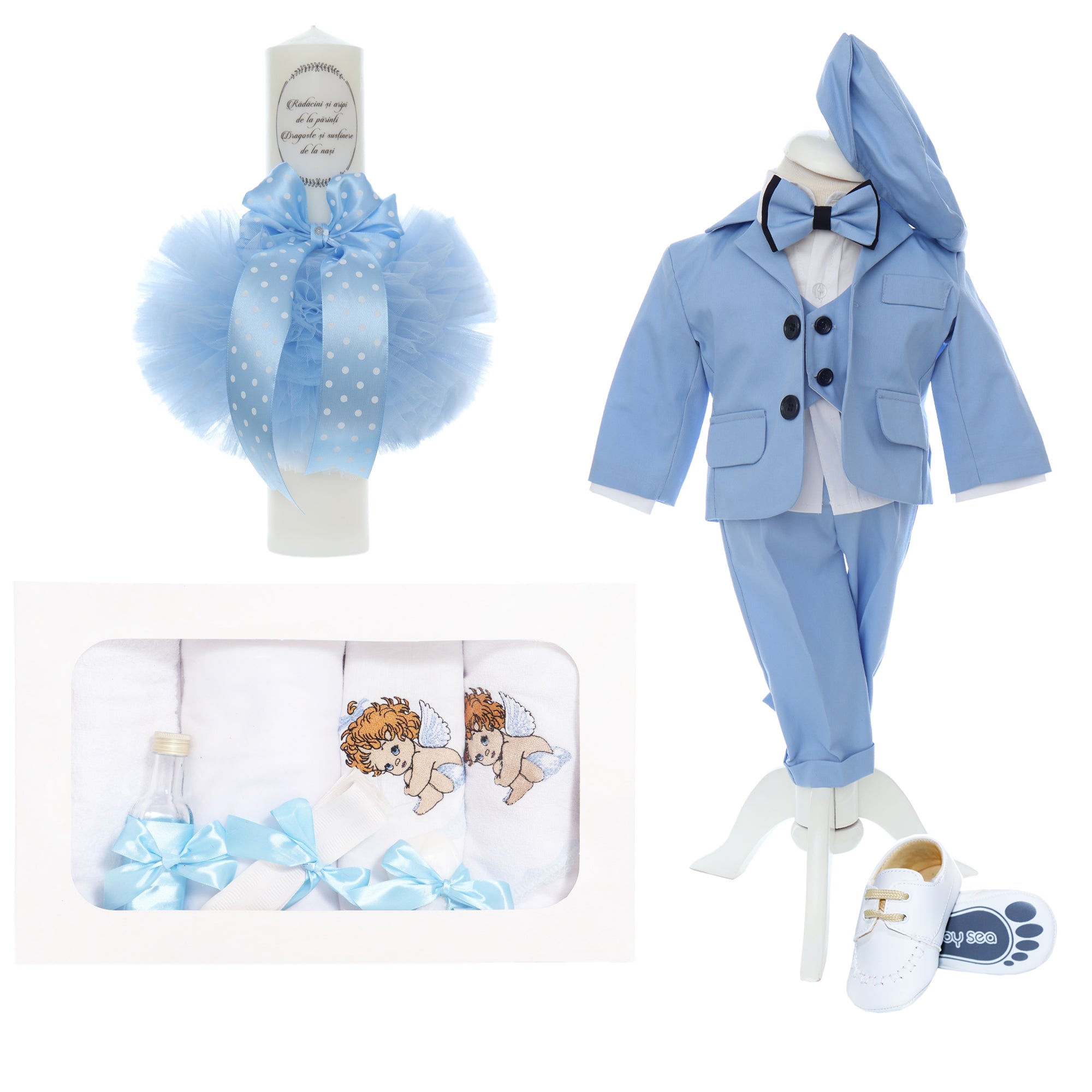 Trusou complet pentru botez de baieti, model brodat cu ingeras, trusou, lumanare "Radacini si Aripi de la parinti", costum si pantofiori, bleu, 14 piese, Recostore®, REC2640