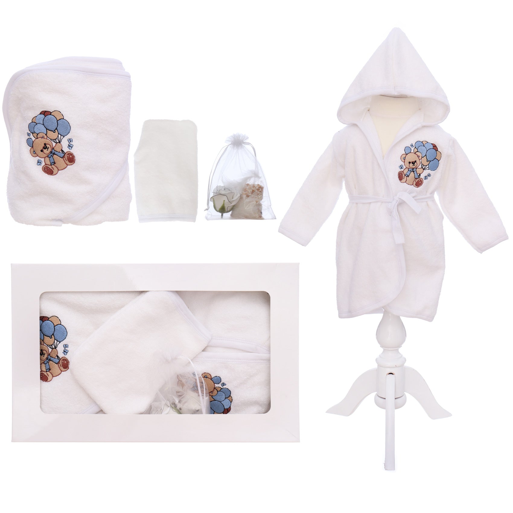 Set prima baita cu nasii, halat, prosop, saculet mirodenii si manusa, model cu Ursulet cu baloane, REC3280