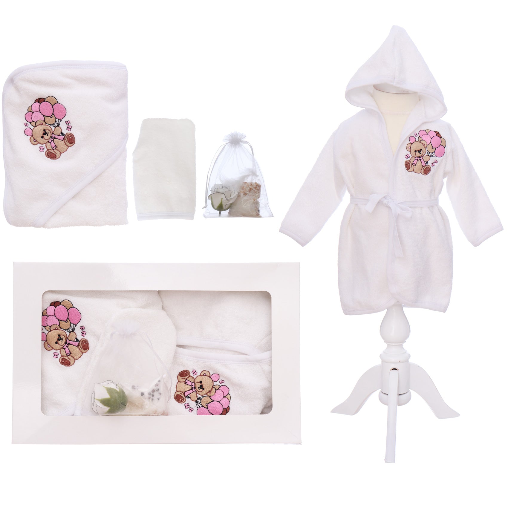 Set prima baita cu nasii, halat, prosop, saculet mirodenii si manusa, model Ursulet cu baloane, REC3283